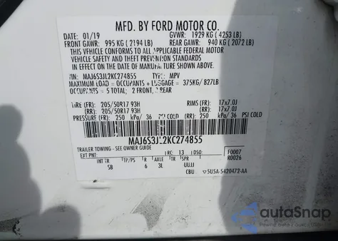 2019 Ford Ecosport Ses из США, поврежденный, VIN MAJ6S3JL2KC274855